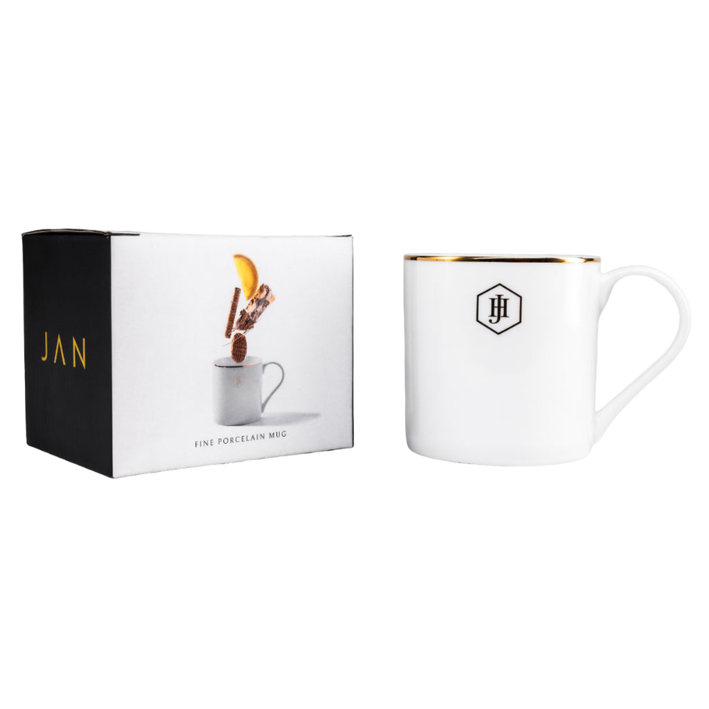 JAN Gold Rimmed Coffee Mug in a Gift Box