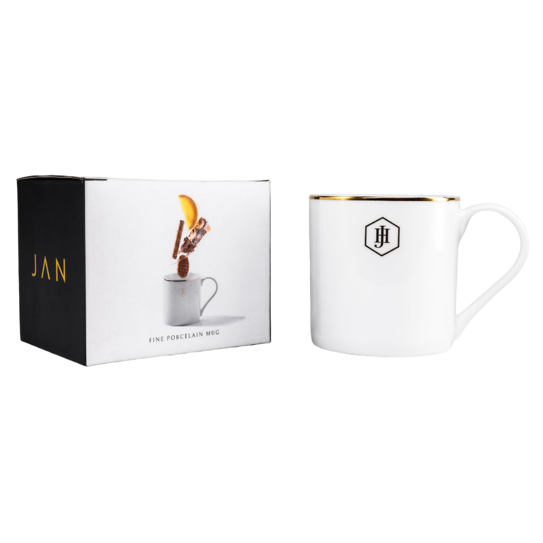 JAN Gold Rimmed Coffee Mug in a Gift Box