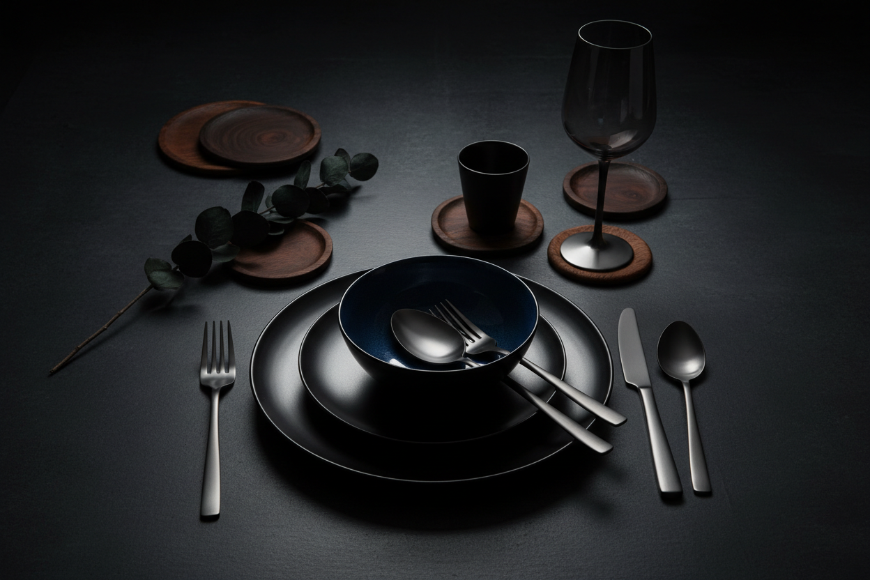 Modern Dark Crockery and Cutlery Hero Image